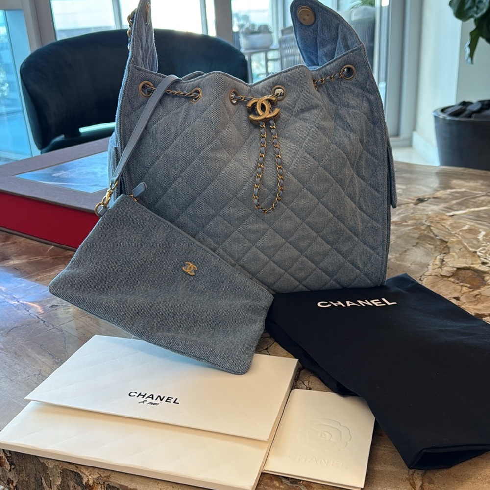 Chanel Blue Quilted Shoulder Bag with Gold Chain